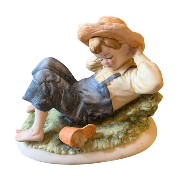 Lefton Vintage Fishing Boy Hand Painted Figure 1983 Personal Inscription On Bott - Picture 1 of 6